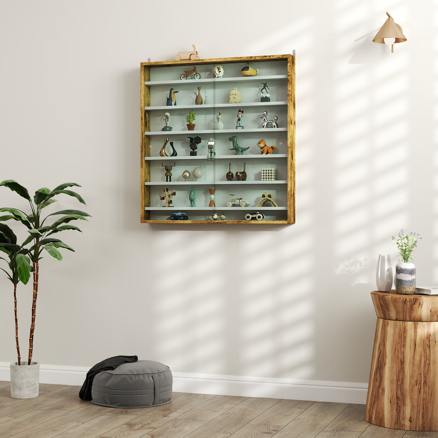7-Tier Display Cabinet, Shot Glass Display Case, Glass Curio Cabinet with 2 Glass Doors, Oak and White