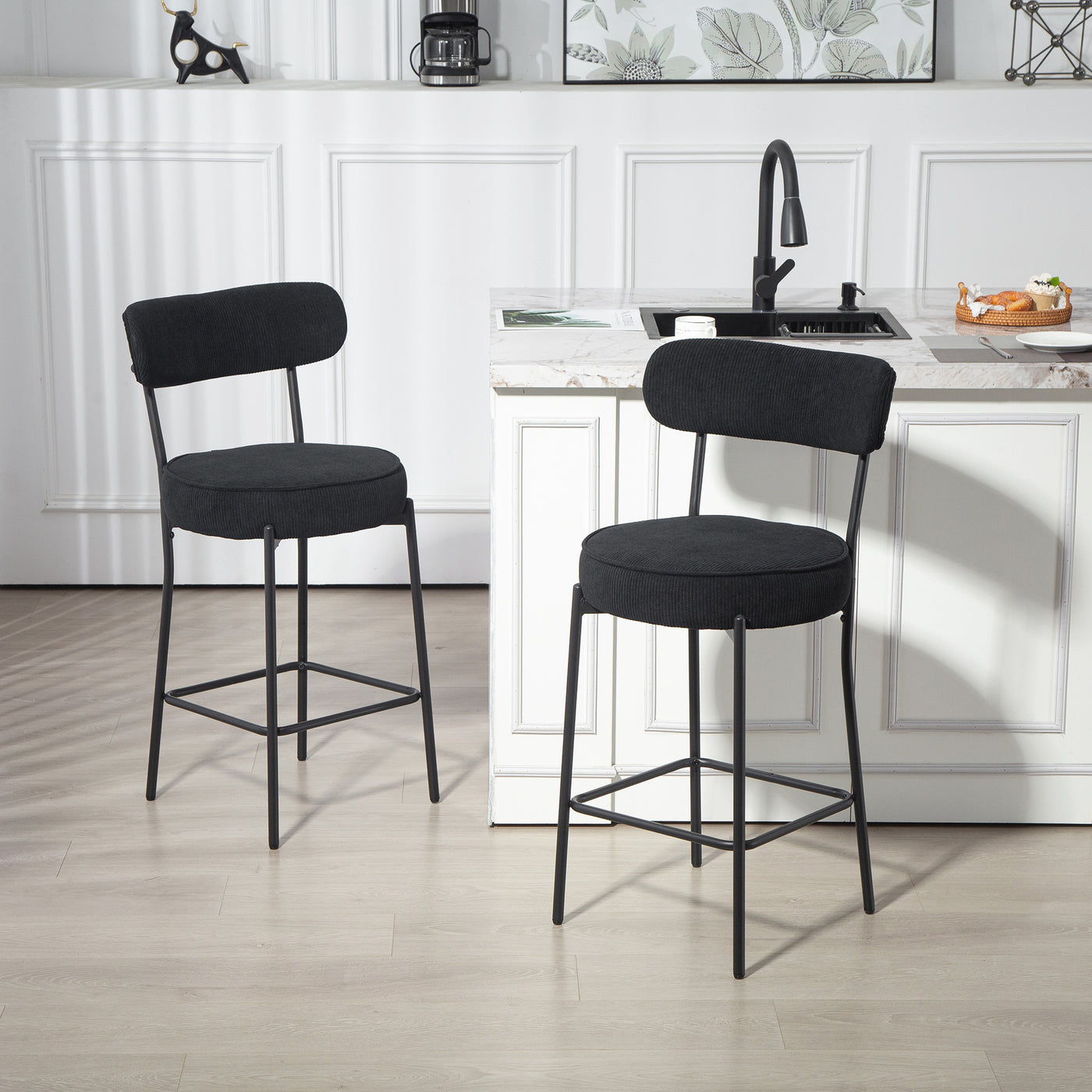 Set of 2 Barstools, Upholstered Corduroy Bar Stools with Backrest, Footrest for Kitchen Island, Dining Room, Black
