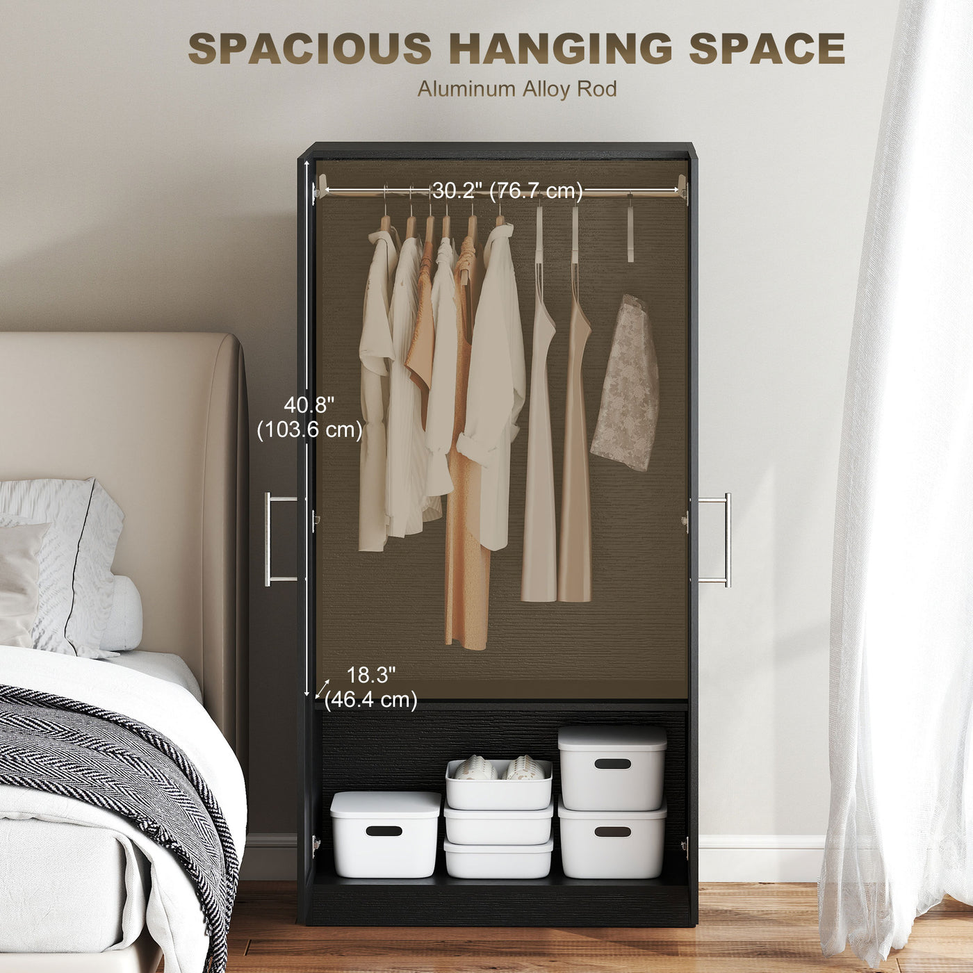 Wardrobe Cabinet with 2 Doors and Hanging Rod, Modern Armoire Wardrobe Closet for Bedroom, Black Wood Effect