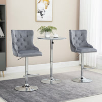 Modern Adjustable Bar Stools Set of 2, Swivel Velvet Barstools, Counter Height Bar Chairs with Button Tufted Back, Footrest, Nailhead Trim for Home Bar, Grey