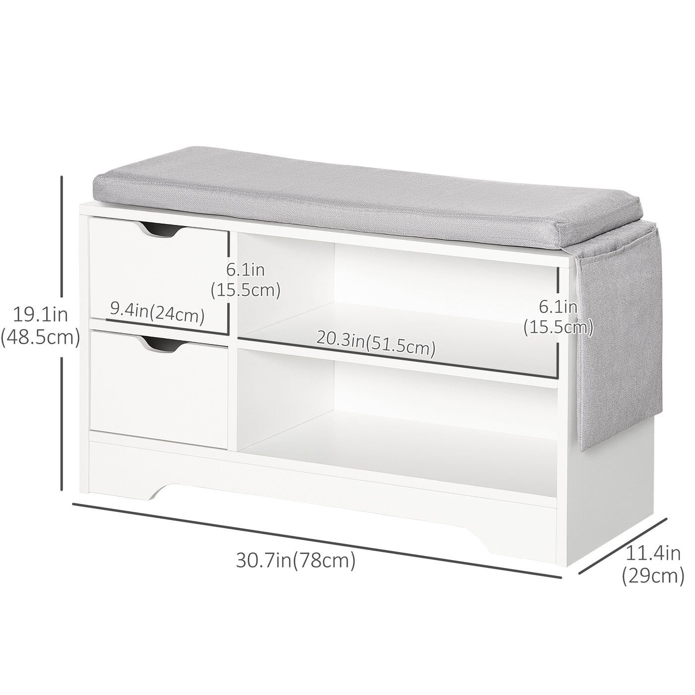 Upholstered Shoe Storage Bench w/ Seat, Entrance Bench w/ Drawer Open Shelves and Pocket for Hallway, White