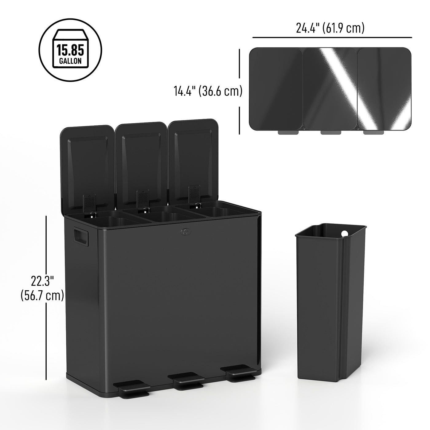 Garbage Bin, Soft-Close Trash Can with Foot Pedal, 3x5 Gallon (3x20 L) Garbage Can with Removable Inner Buckets, Black