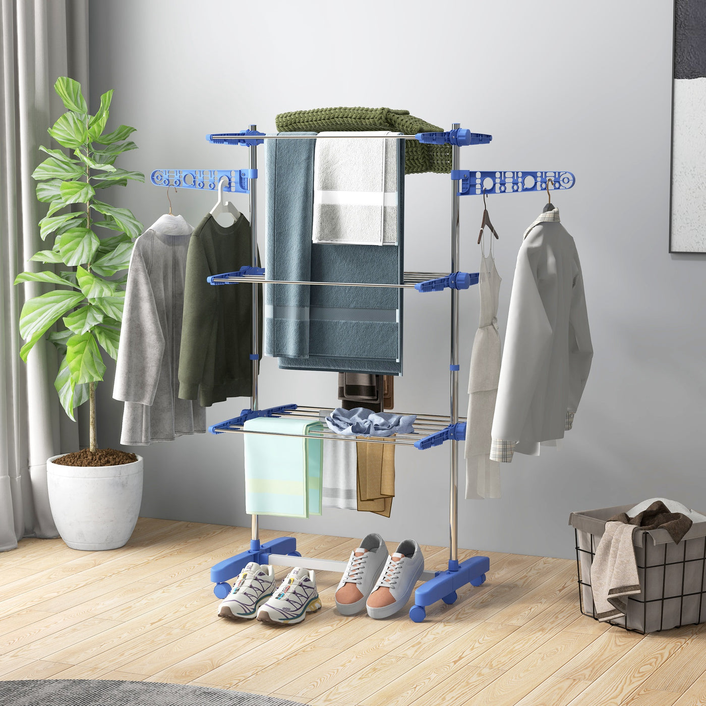 3-Tier Foldable Clothes Drying Rack, Stainless Steel Laundry Rack with 2 Side Wings and 6 Castors, Collapsible Adjustable Clothes Airer for Indoor Outdoor, Blue