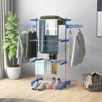 3-Tier Foldable Clothes Drying Rack, Stainless Steel Laundry Rack with 2 Side Wings and 6 Castors, Collapsible Adjustable Clothes Airer for Indoor Outdoor, Blue