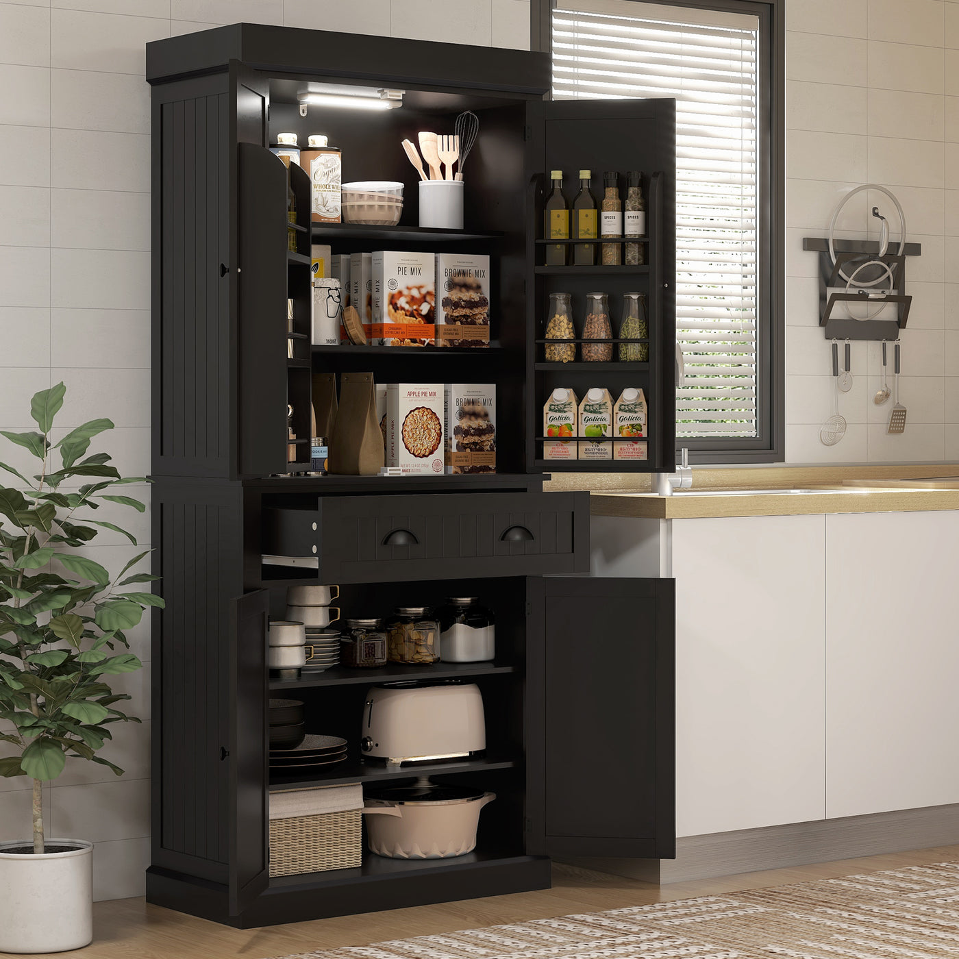 71" Kitchen Pantry Cabinet with LED Lights, 6 Spice Racks, a Drawer and 4 Adjustable Shelves, Black