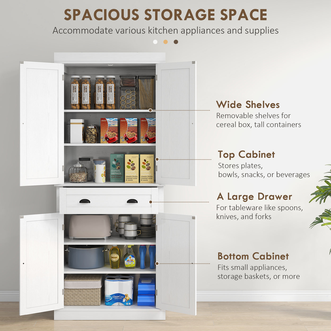 72" Tall Pantry Cabinet, Kitchen Storage Cabinet with 4 Doors, Drawer and 2 Adjustable Shelves, White