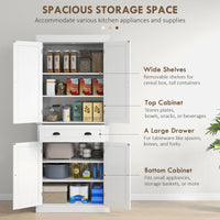 72" Tall Pantry Cabinet, Kitchen Storage Cabinet with 4 Doors, Drawer and 2 Adjustable Shelves, White