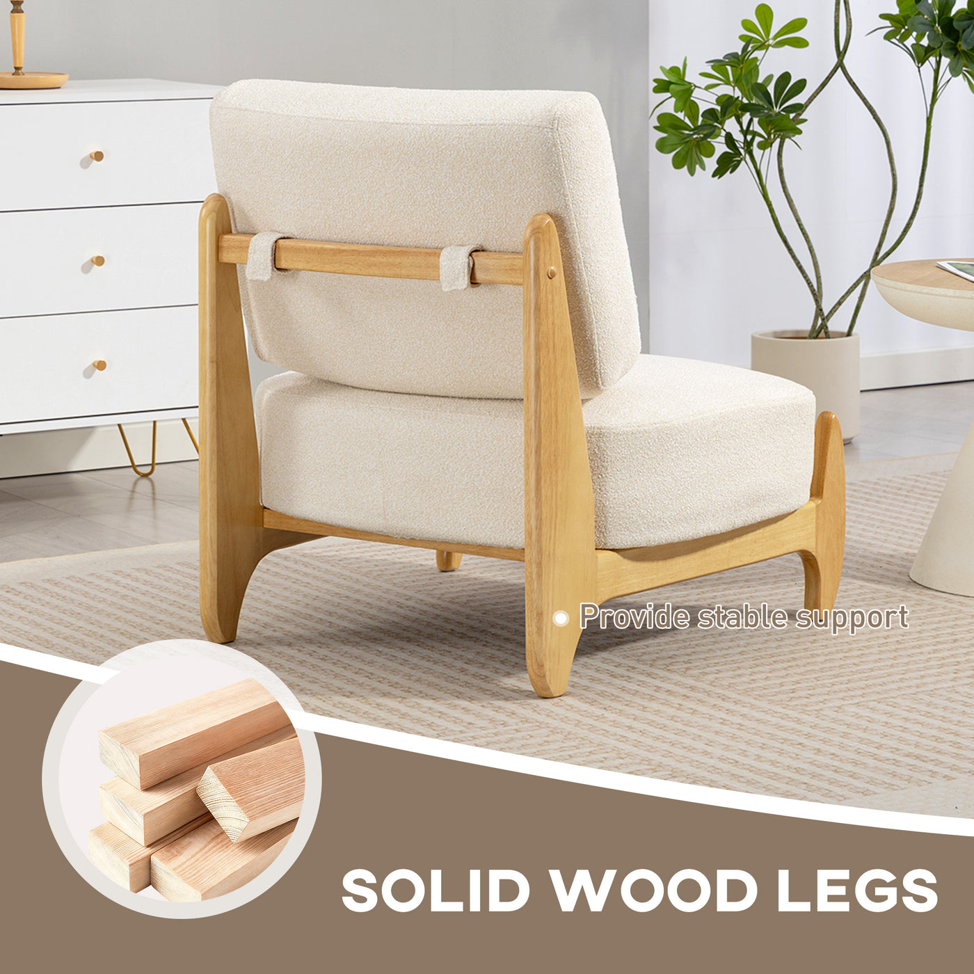 Accent Chair with Rubber Wood Frame, Wide Seat, Modern Chenille Bedroom Chair with Thick Cushion, Cream White