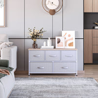 Linen Drawer Cabinet Organizer Storage Dresser Tower with 5 Removable Drawer Metal Frame Adjustable Feet for Living Room, Kitchen, Bathroom, Grey