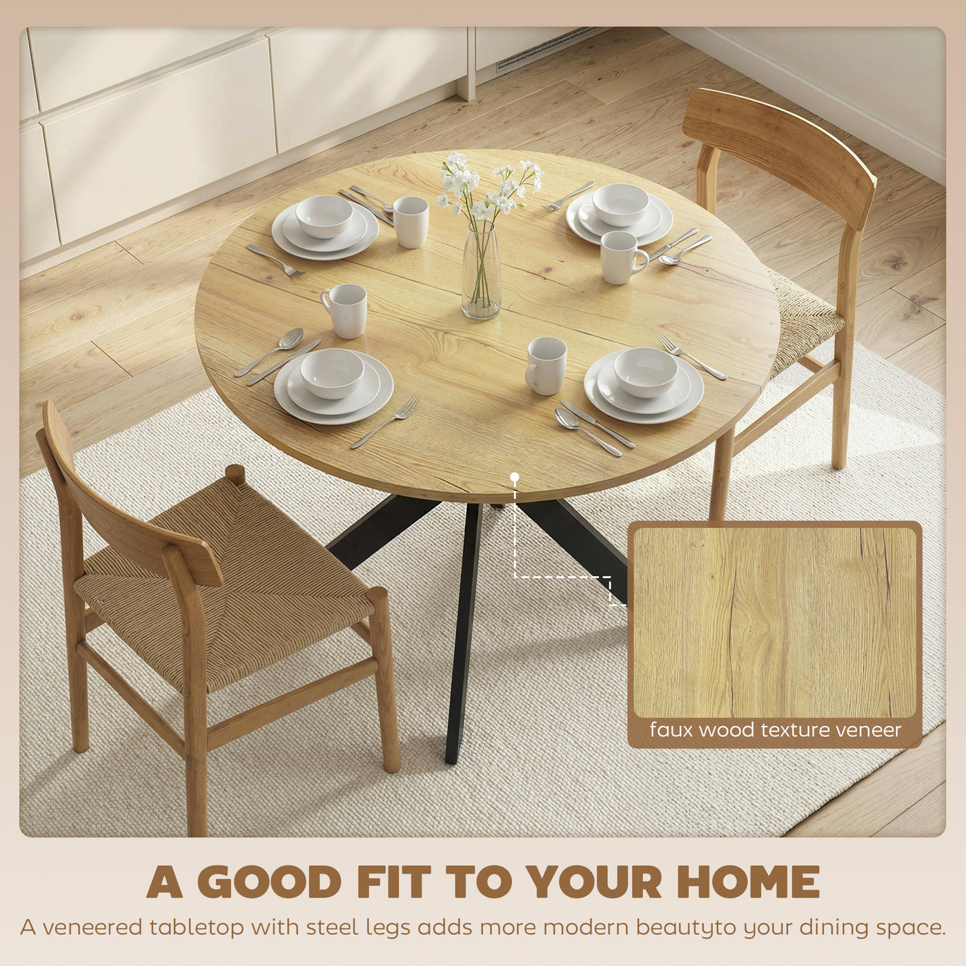 39" Dining Table, Contemporary Round Kitchen Table with Steel Legs, Brown Wood Grain