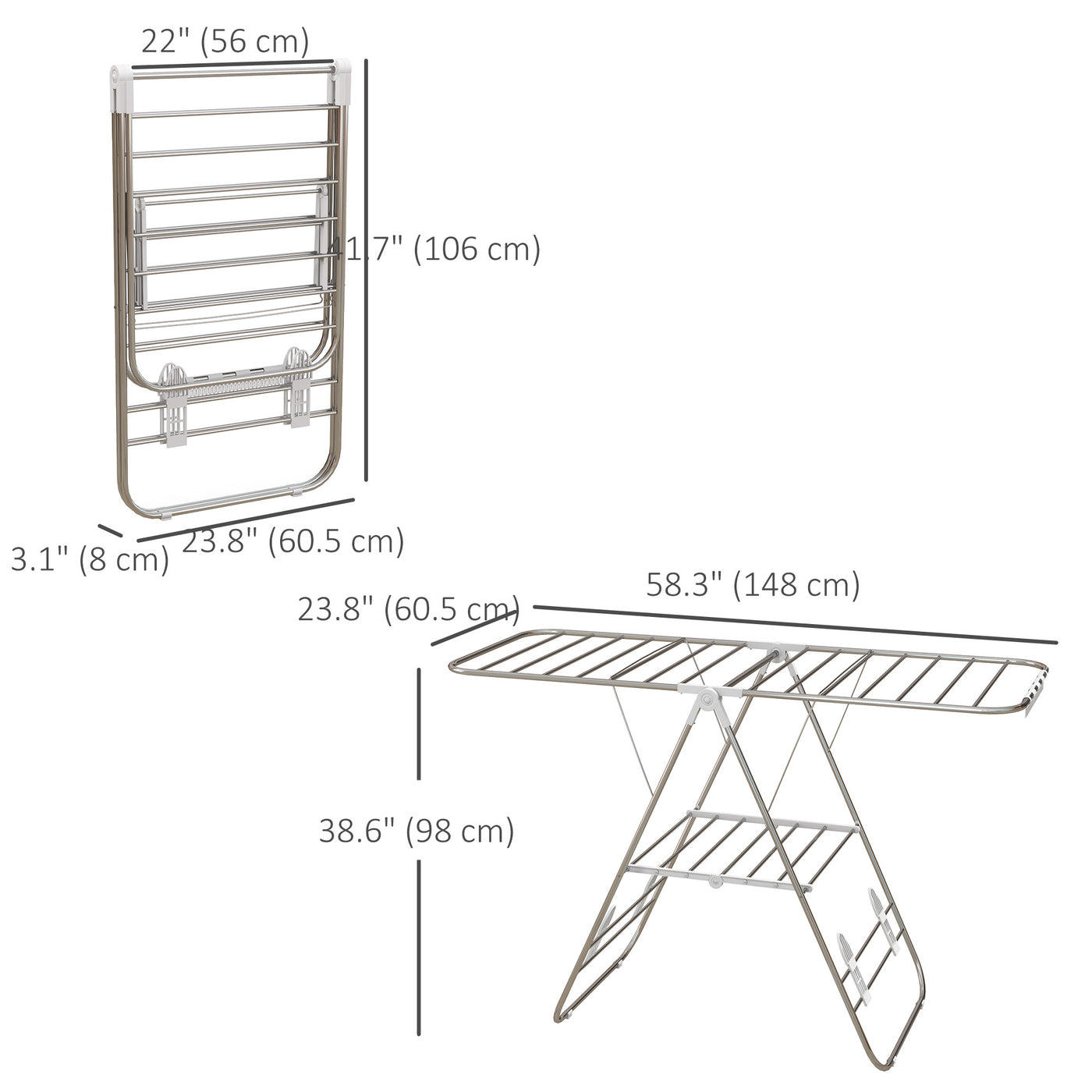 Clothes Drying Rack, 2-Tier Stainless Steel Foldable Laundry Rack with Adjustable Wings and Shoe Holders, Silver