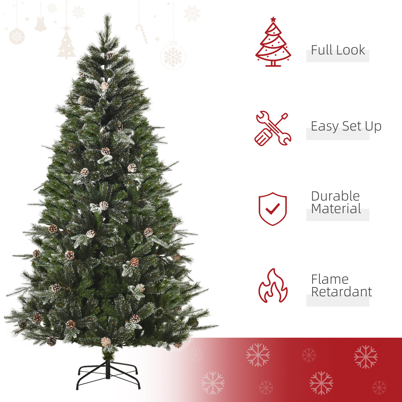 HOMCM 7FT Artificial Christmas Snow Pine Tree Holiday Home Xmas Decoration with Automatic Open, Pinecone, Green