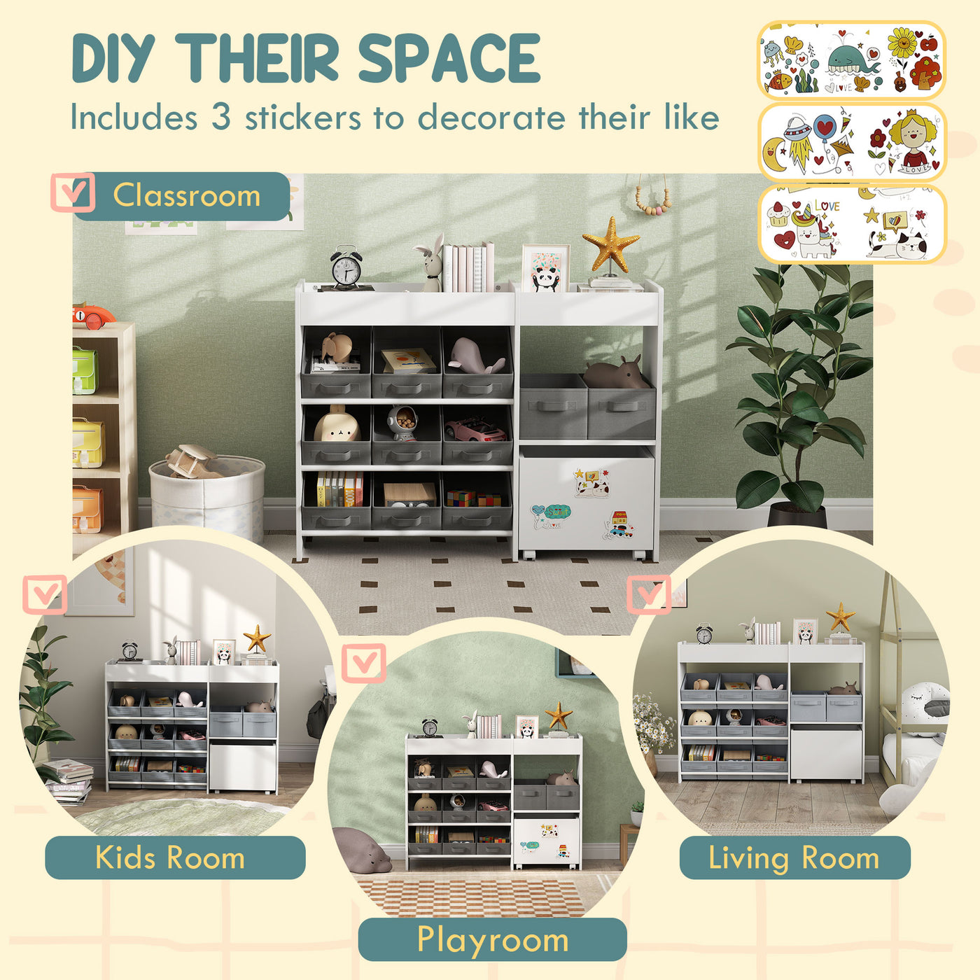 Qaba Kids Toy Storage Organizer with 11 Bins, Moveable Cabinet, Top Shelves, 3 Stickers, for Nursery, Playroom, White