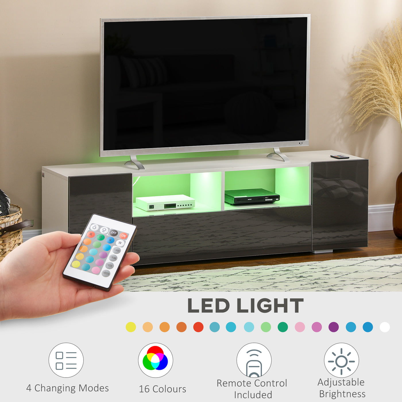 TV Stand for TVs up to 60", TV Unit with LED Lights, Storage Shelves and Cupboards, 53.9" x 13.8" x 16.5", Grey