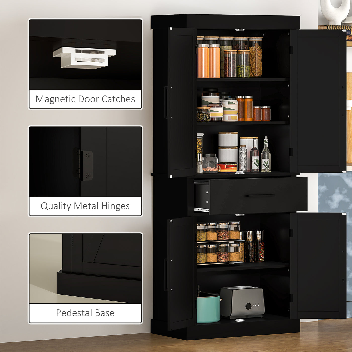 72" Kitchen Storage Cabinet, Farmhouse Kitchen Pantry Cabinet with 4 Barn Doors, Drawer, Adjustable Shelves, Black