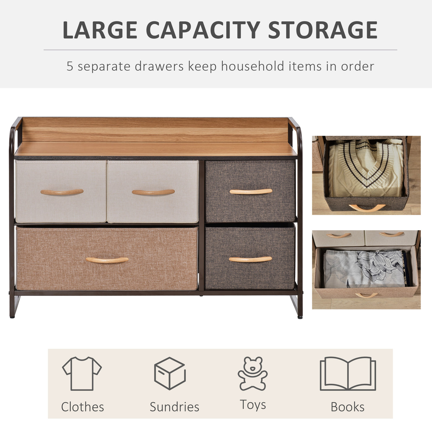 5-Bin Dresser Storage Tower Cabinet Organizer Unit, Easy Pull Fabric Bins with Metal Frame for Bedroom