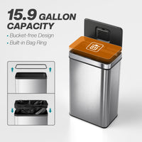 15.9 Gallon Sensor Can, Automatic Garbage Can with Soft-Close Lid, Fingerprint-Proof Stainless Steel, Silver