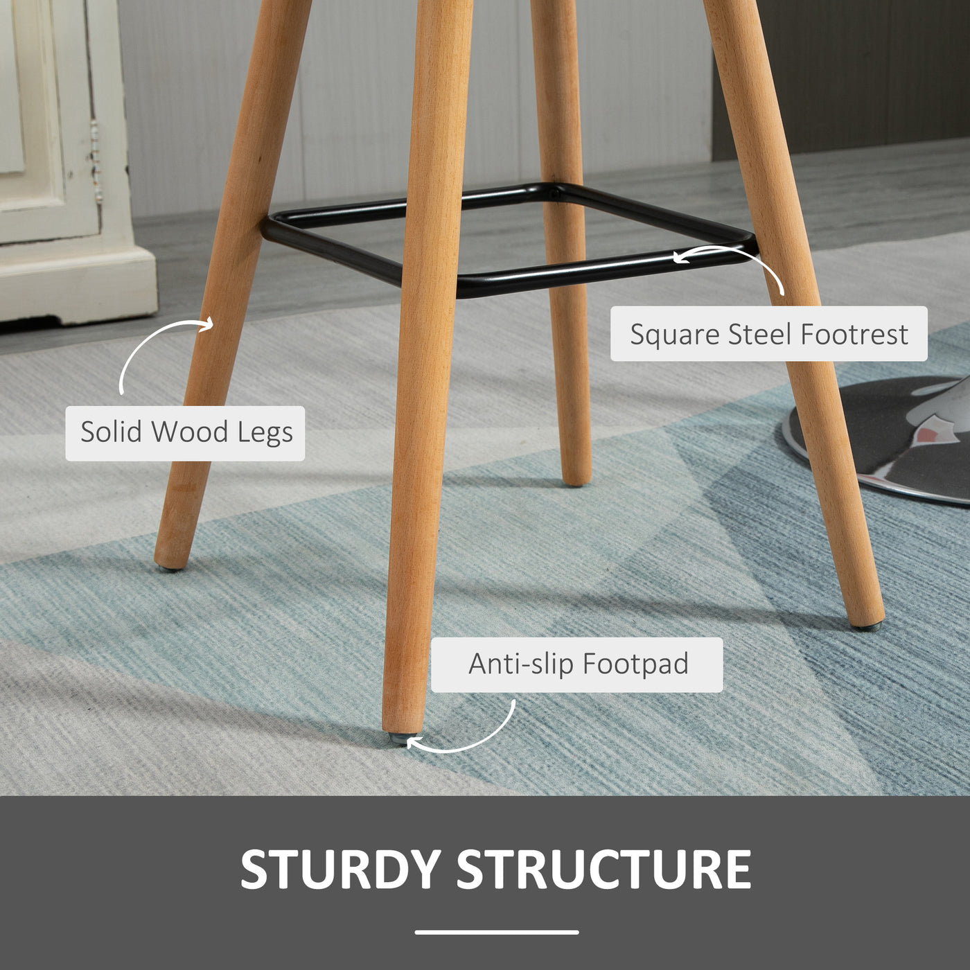 Modern Bar Stools Set of 2, 38" Upholstered Kitchen Island Stool with Solid Wood Legs, Grey
