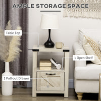 Side Table with Storage, Farmhouse End Table with Drawer, Open Shelf and Barn-style Panel, Nightstand for Living Room, Bedroom, Oak