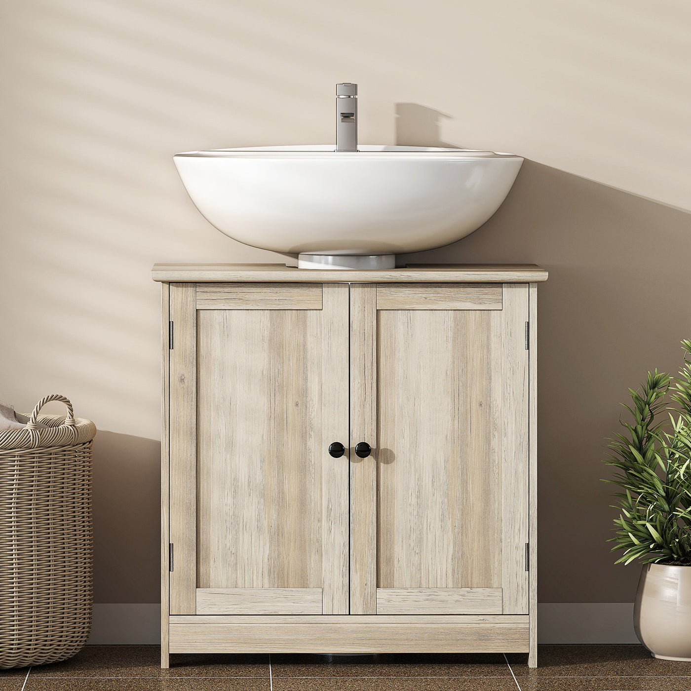 Bathroom Vanity, 24" Pedestal Sink Bathroom Vanity Furniture with 2 Doors and Shelf, Grey Wood Grain
