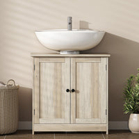 Bathroom Vanity, 24" Pedestal Sink Bathroom Vanity Furniture with 2 Doors and Shelf, Grey Wood Grain