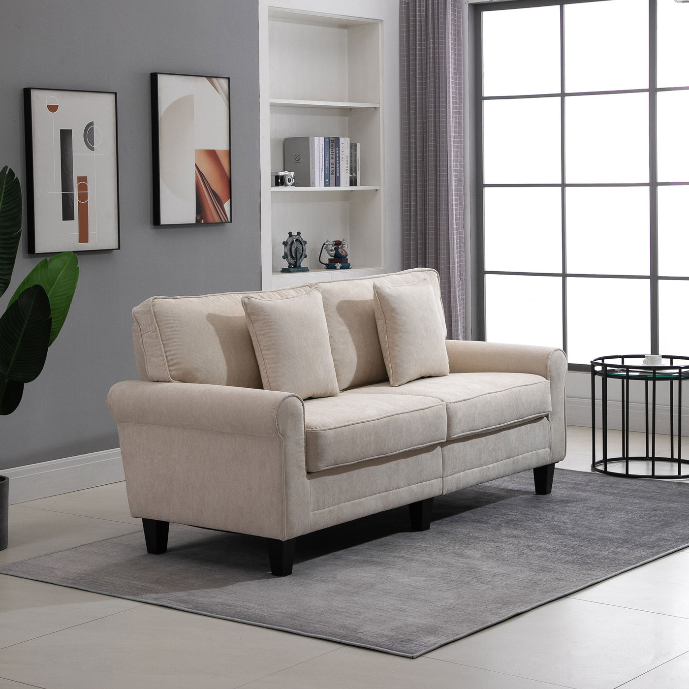 Modern 3 Seater Sofa, Corduroy Fabric 3 Seater Couch with Pine Wood Legs and Rolled Armrests for Living Room, Beige