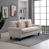 Modern 3 Seater Sofa, Corduroy Fabric 3 Seater Couch with Pine Wood Legs and Rolled Armrests for Living Room, Beige