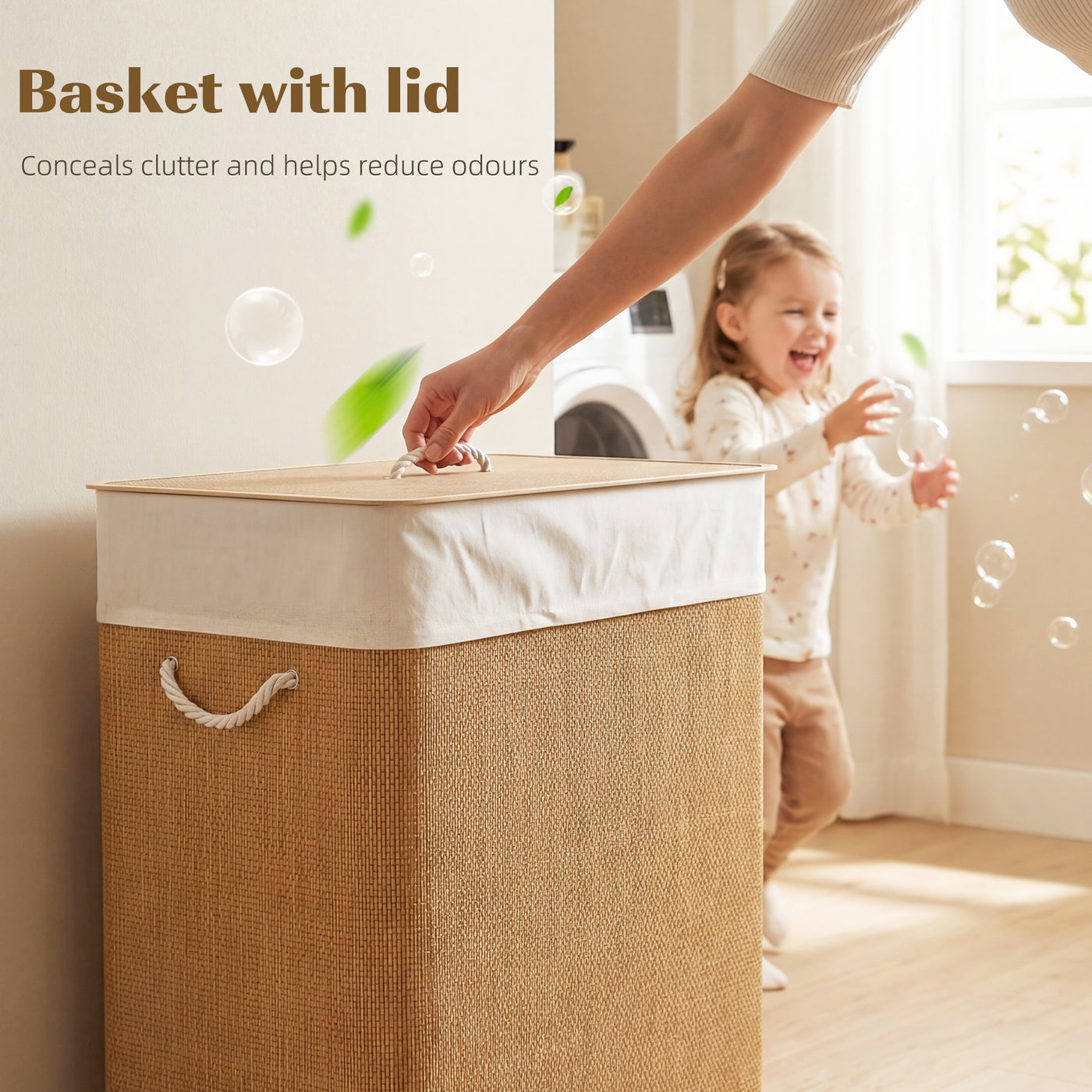 Double Laundry Basket with Lid, 100L Bamboo Laundry Hamper with Rope Handles and Removable Bags, Brown