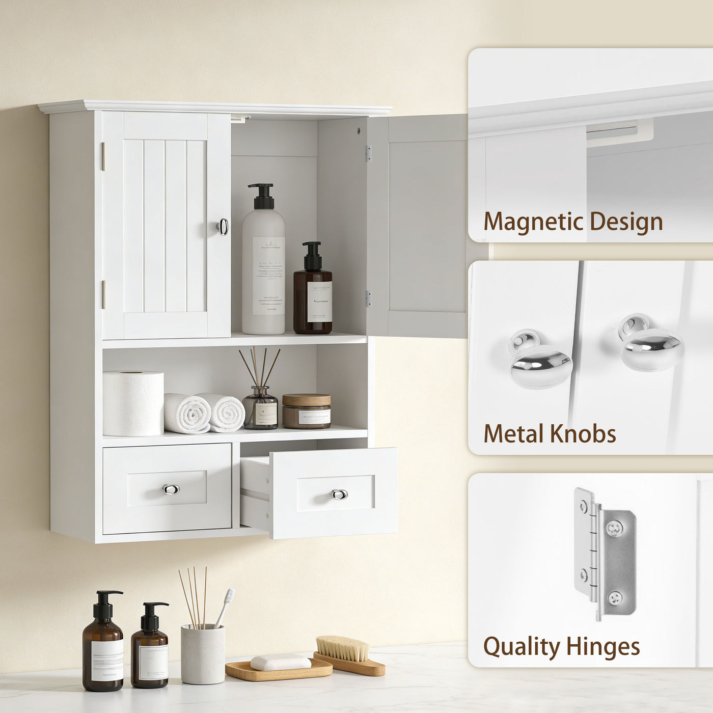 Bathroom Wall Cabinet, Medicine Cabinet, Over Toilet Storage Cabinet with Shelf and Drawers for Hallway, Living Room, White