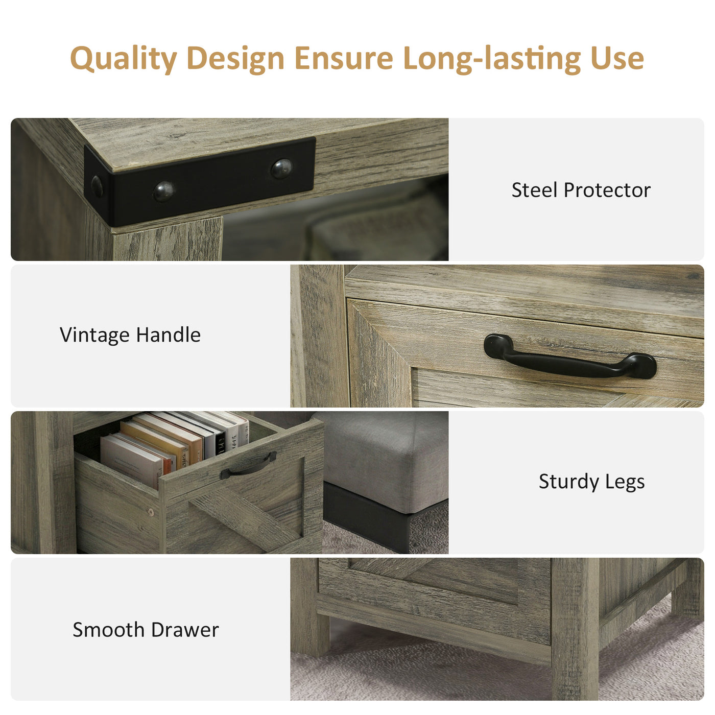 Small Side Table with Storage, Farmhouse End Table with Drawer, Open Shelf and Barn-style Panel, Nightstand for Living Room, Bedroom, Grey