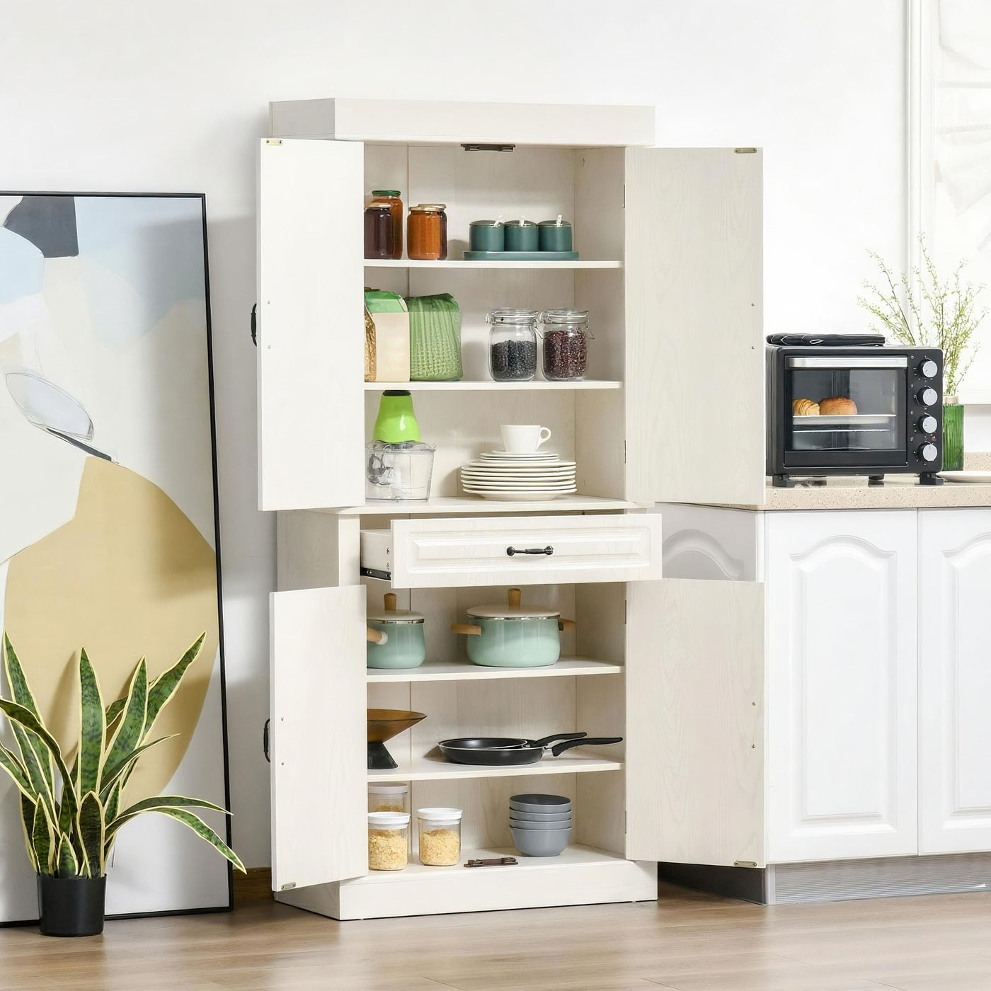 71" Freestanding Kitchen Pantry with 4 Doors and 2 Cabinets, Tall Storage Cabinet for Kitchen, Distressed White