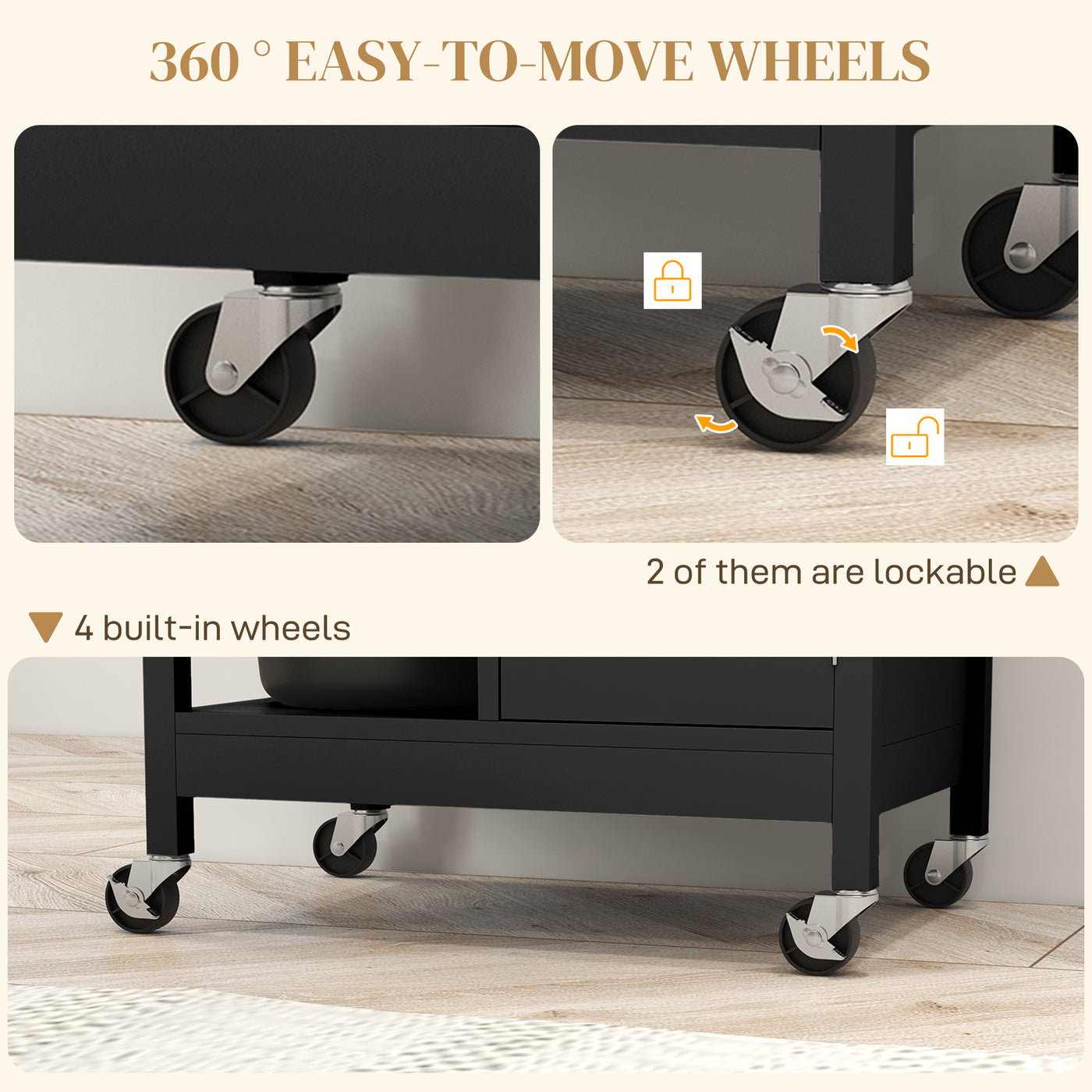 Modern Rolling Kitchen Island Cart with Drawer, Natural Wood Top, Towel Rack, Door Storage Cabinet, Black