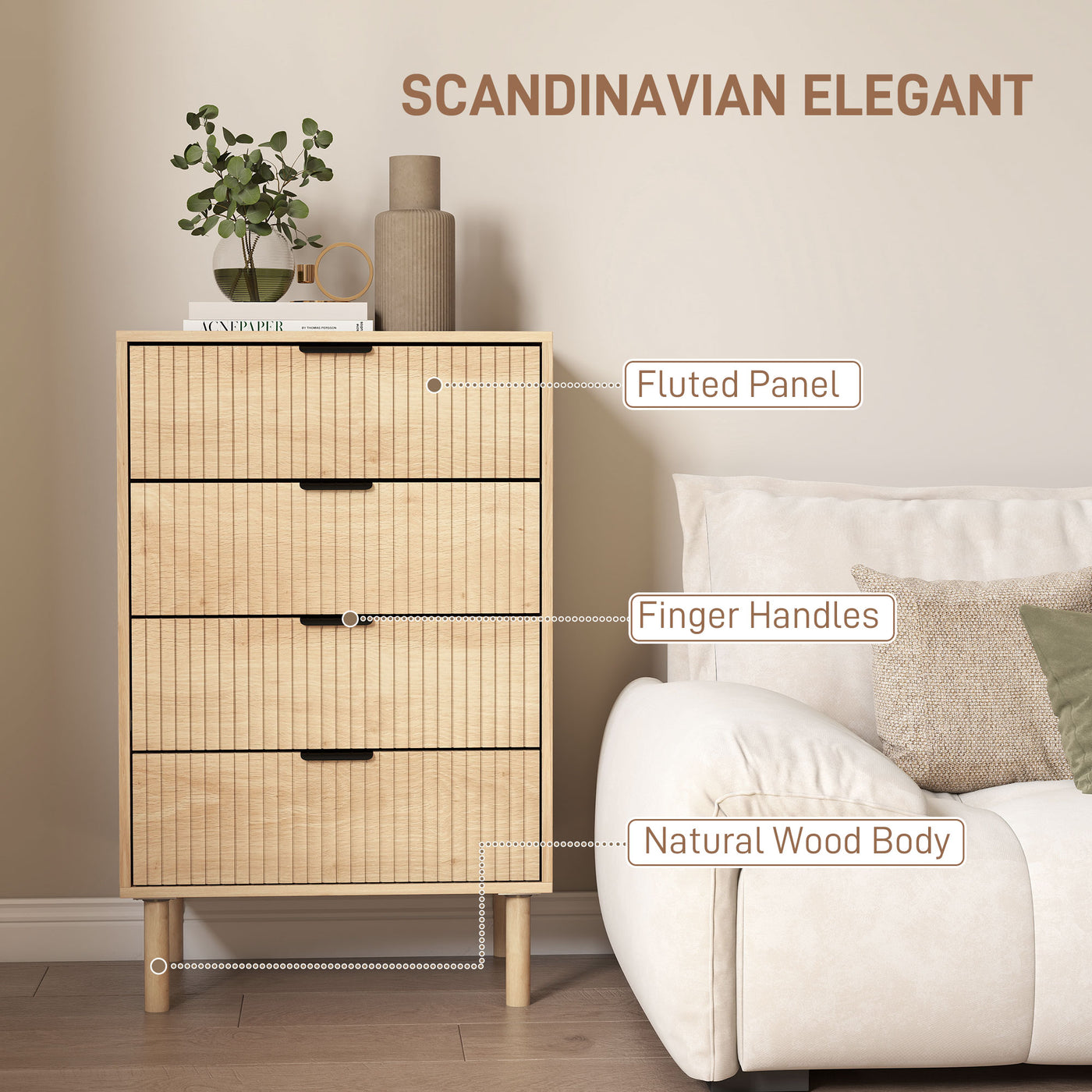 Chest of Drawers, 4 Drawer Dresser with Fluted Panels and Solid Wood Legs, Storage Cabinet for Living Room, Oak