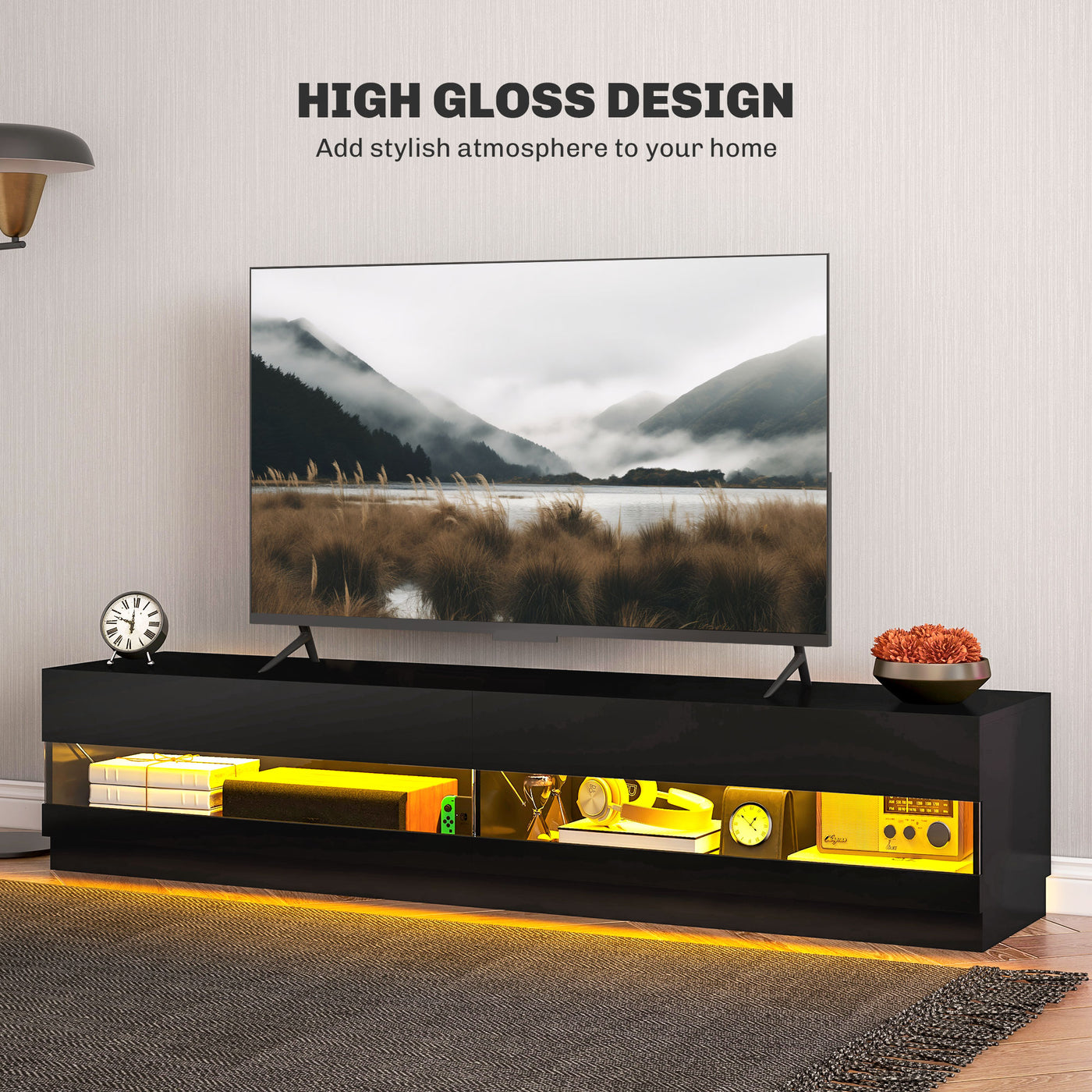 Lighted TV Stand for TVs up to 75", TV Cabinet with Storage for Living Room, High Gloss Black