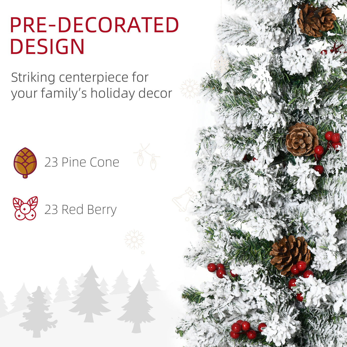 6 Foot Pencil Snow Flocked Artificial Christmas Tree with 600 Pine Realistic Branches, Pine Cones, Red Berries, Auto Open, Green
