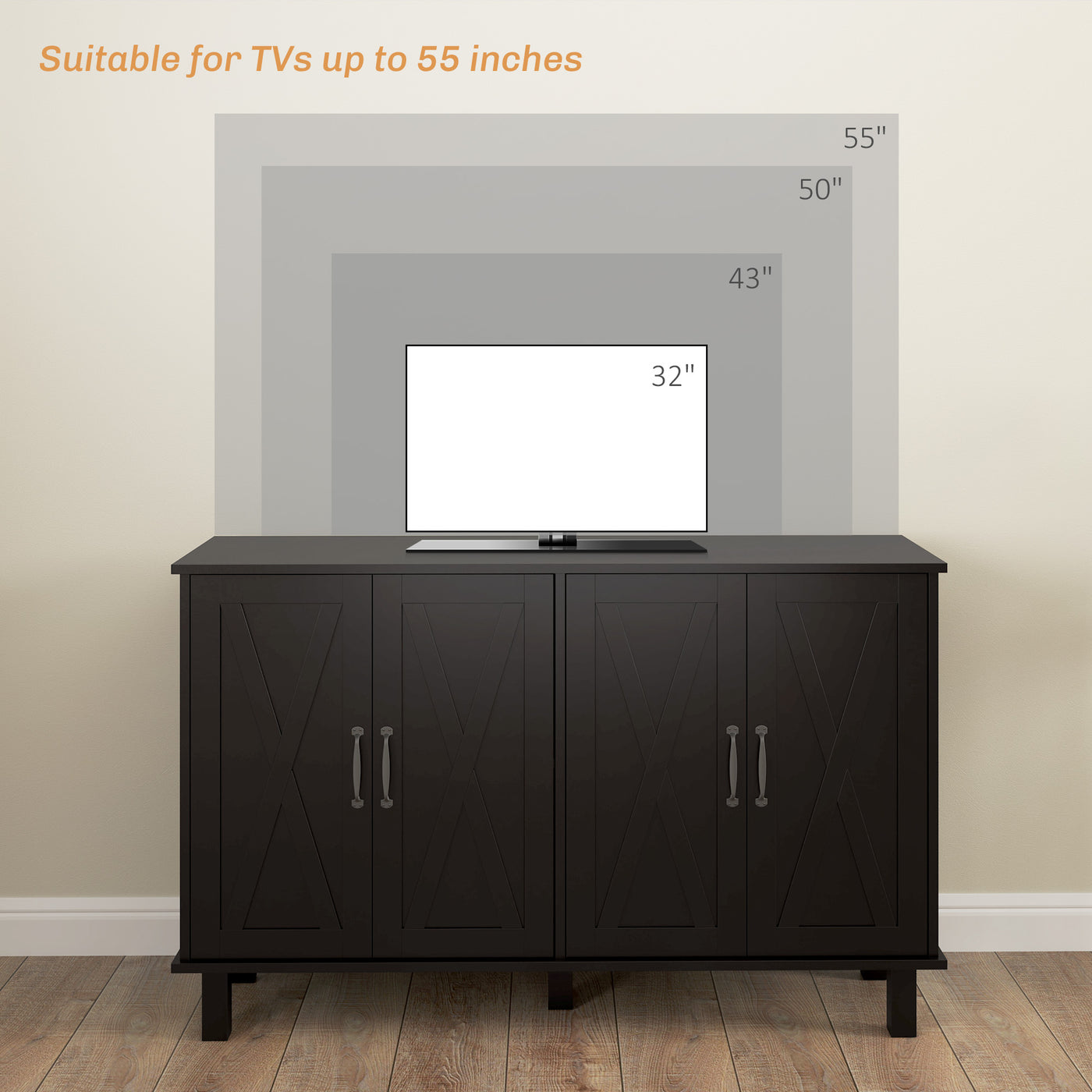 Kitchen Sideboard Cabinet with 4 Barn Doors and 2 Adjustable Shelves, Buffet Table for Living Room, Hallway, Black