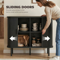 35.4" Sideboard Buffet Cabinet with Storage, Nordic Coffee Bar Cabinet with Slatted Tambour Doors and Metal Legs, Black