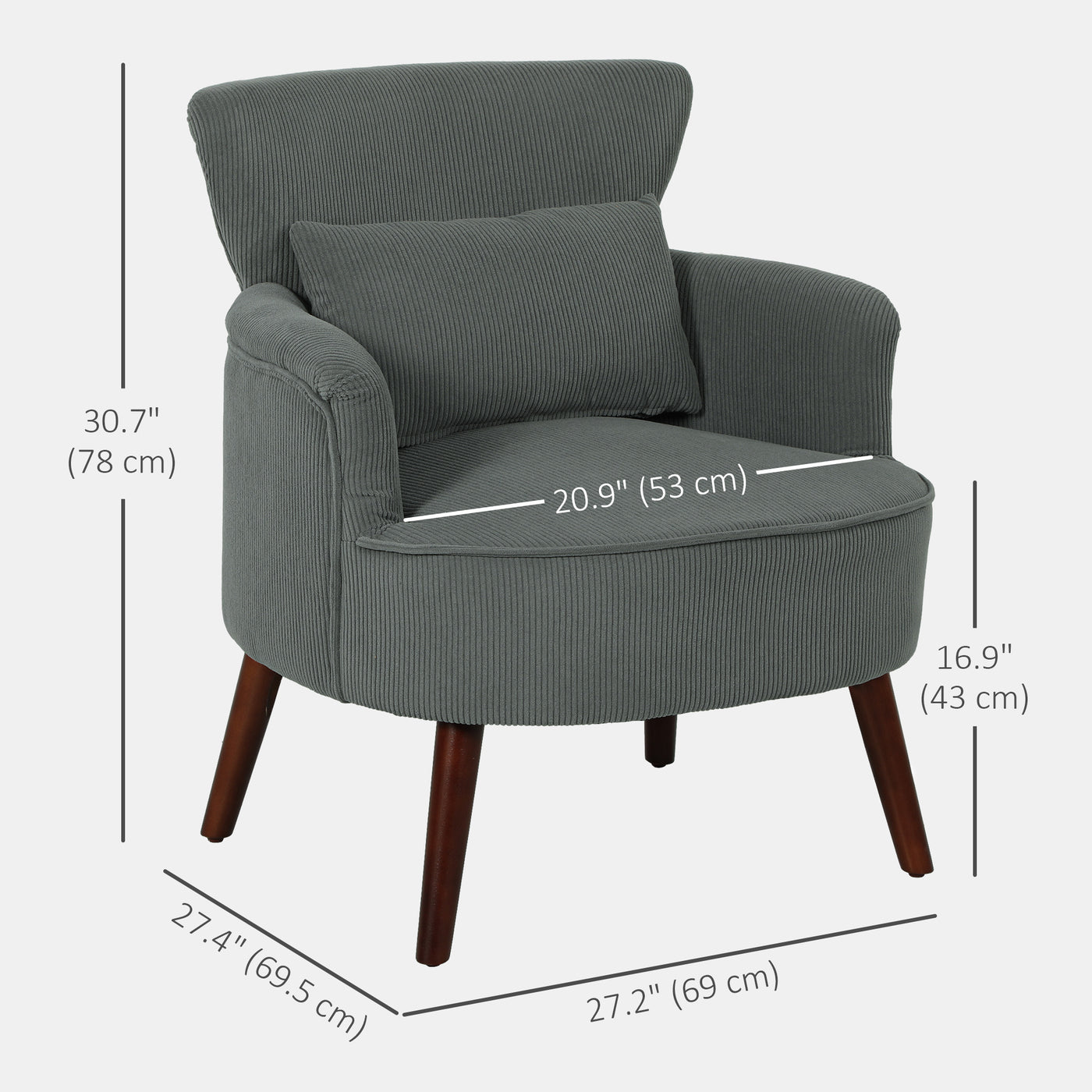 Modern Accent Chair, Upholstered Armchair with Solid Wood Legs and Lumbar Pillow for Living Room, Grey