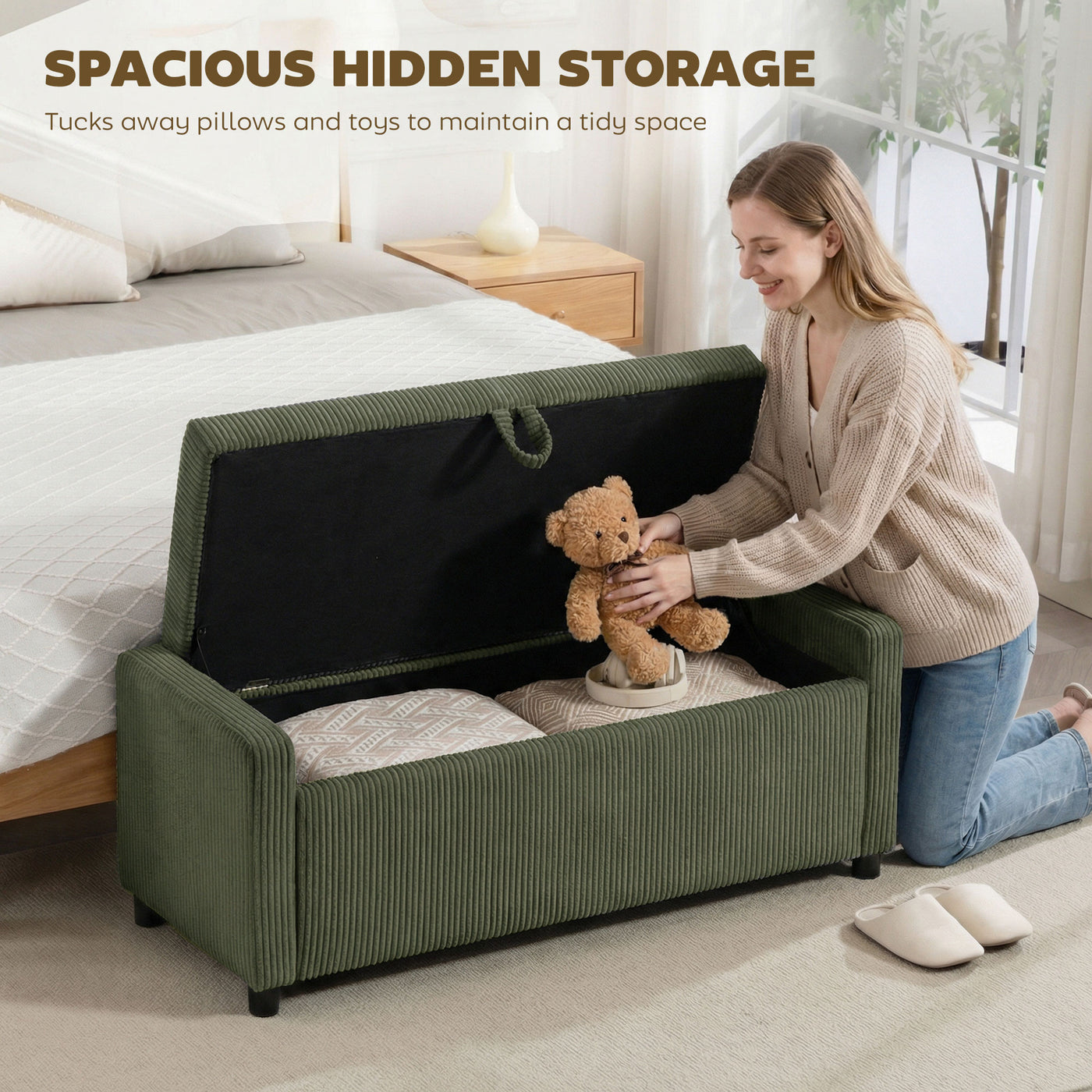 Storage Ottoman, Upholstered Corduroy End of Bed Bench with Thick Padding, Storage Bench for Bedroom, Dark Green