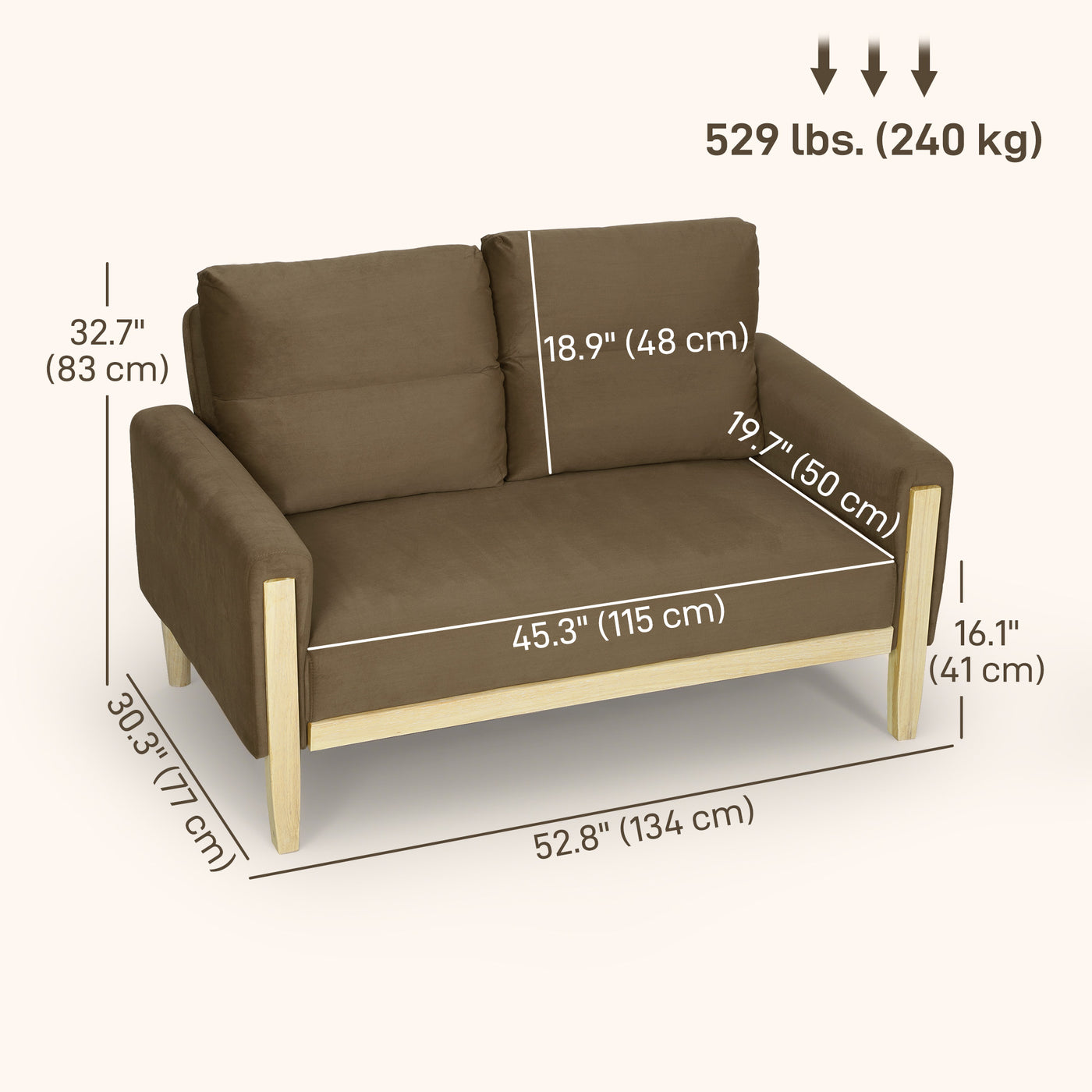 53" Loveseat Sofa, Small 2 Seater Couch with Solid Wood Legs, Modern Velvet Sofa for Living Room, Small Spaces,Brown