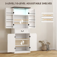 71" LED Kitchen Pantry Cabinet, Farmhouse Storage Cabinet with Door Shelves, Distressed White