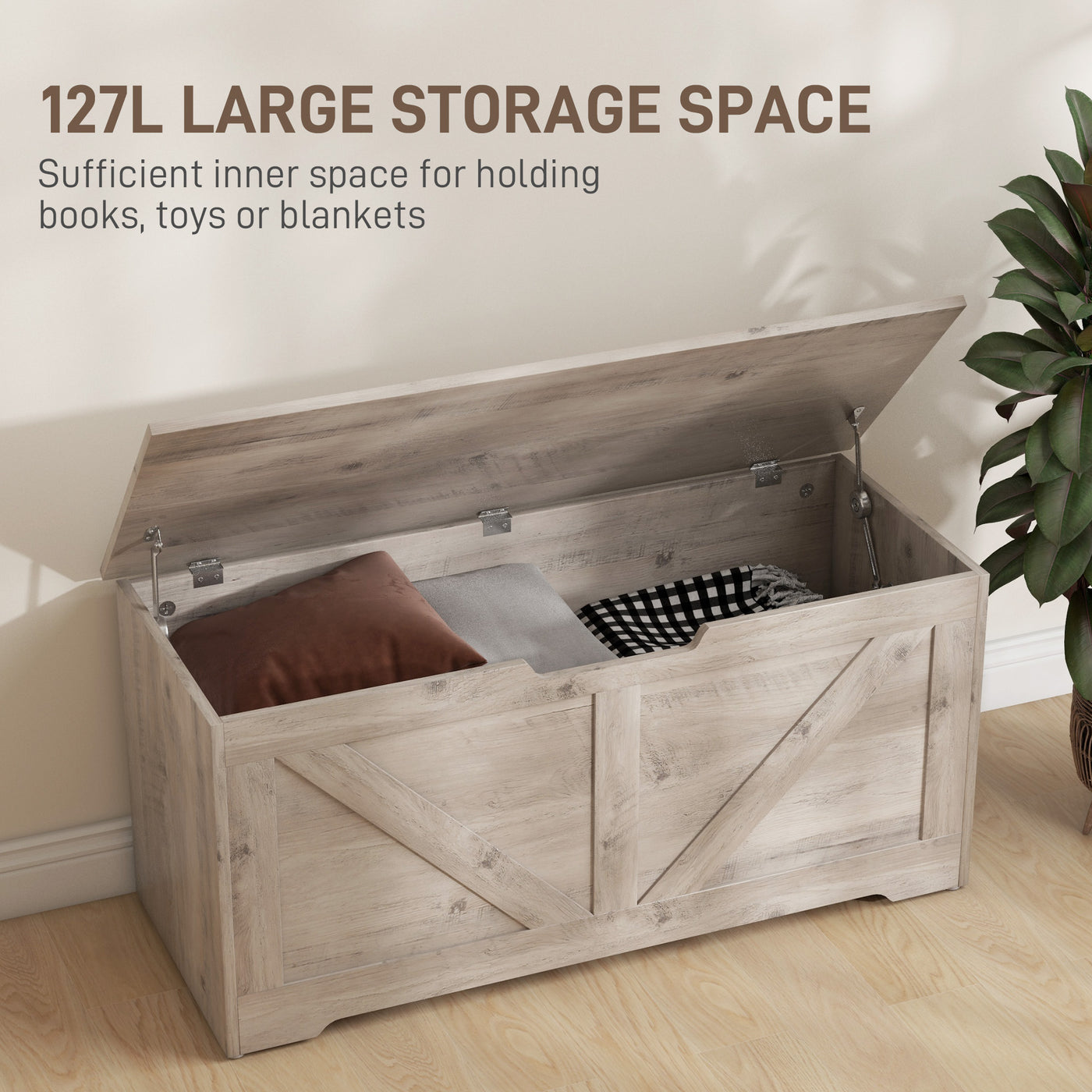 39.4 Inches Storage Chest, Storage Trunk with 2 Safety Hinges for Living Room, Grey Wood Grain
