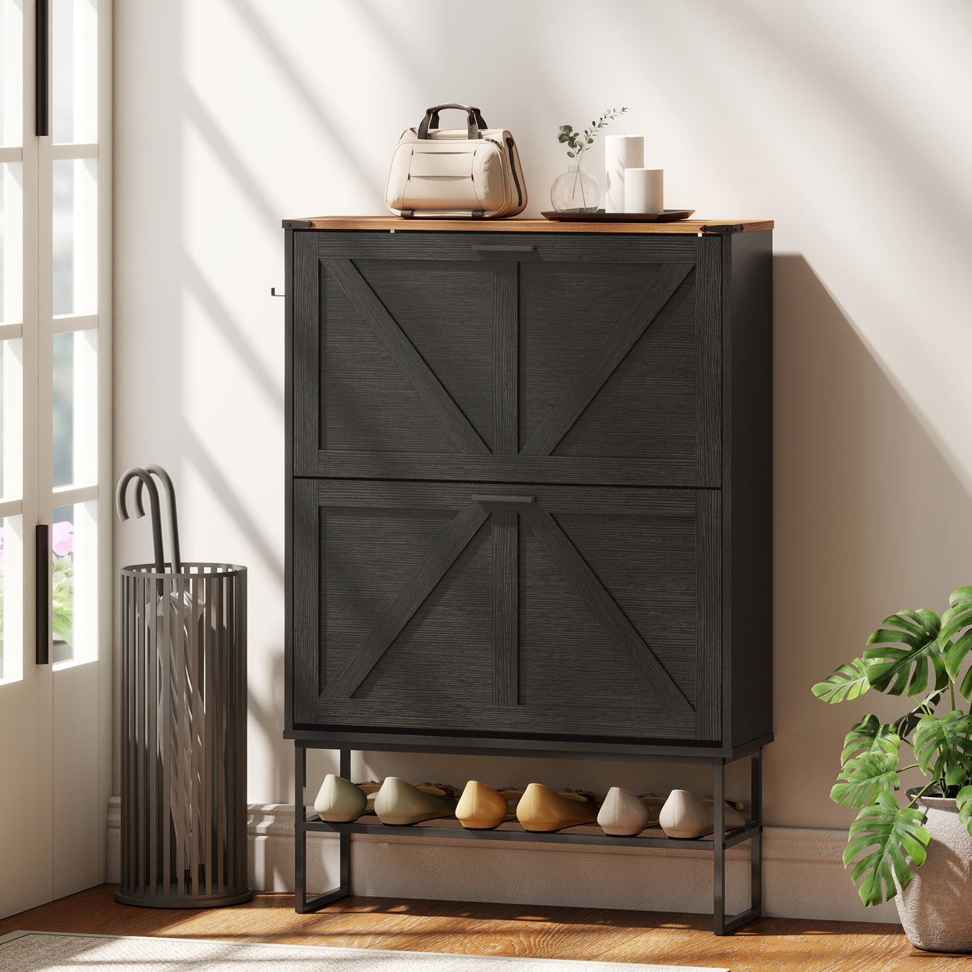 Narrow Shoe Storage Cabinet with 2 Flip Drawers, Slim Shoe Cabinet for 15-20 Pairs, Black Wood Grain