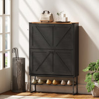 Narrow Shoe Storage Cabinet with 2 Flip Drawers, Slim Shoe Cabinet for 15-20 Pairs, Black Wood Grain