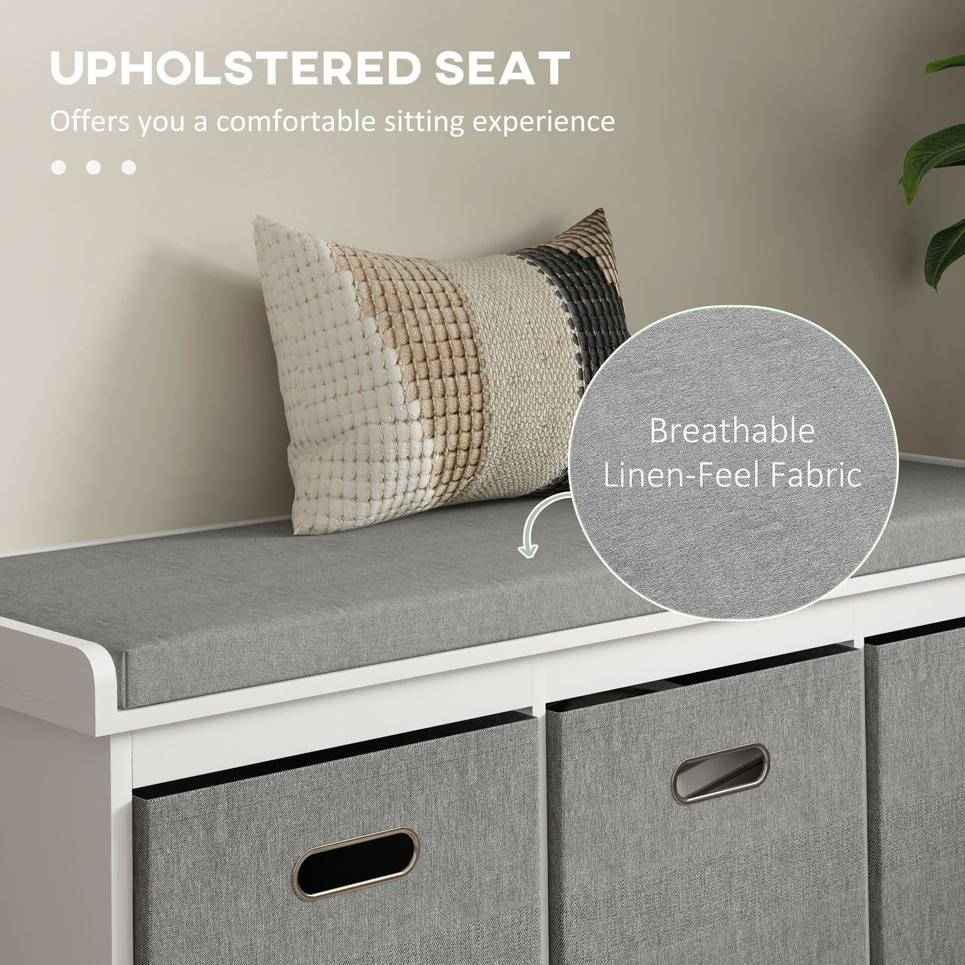 Shoe Storage Bench with Seat, Entryway Bench Seat with Cushion, 3 Fabric Drawers for Hallway, White