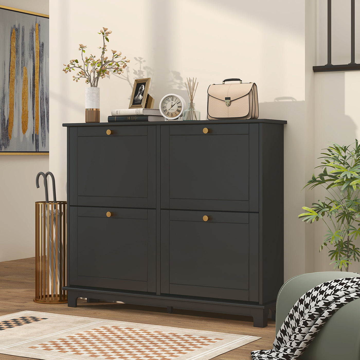 Modern Shoe Storage Cabinet, Narrow Shoe Cabinet with 4 Flip Drawers, Adjustable Shelves, 5 Legs for Entryway, Black