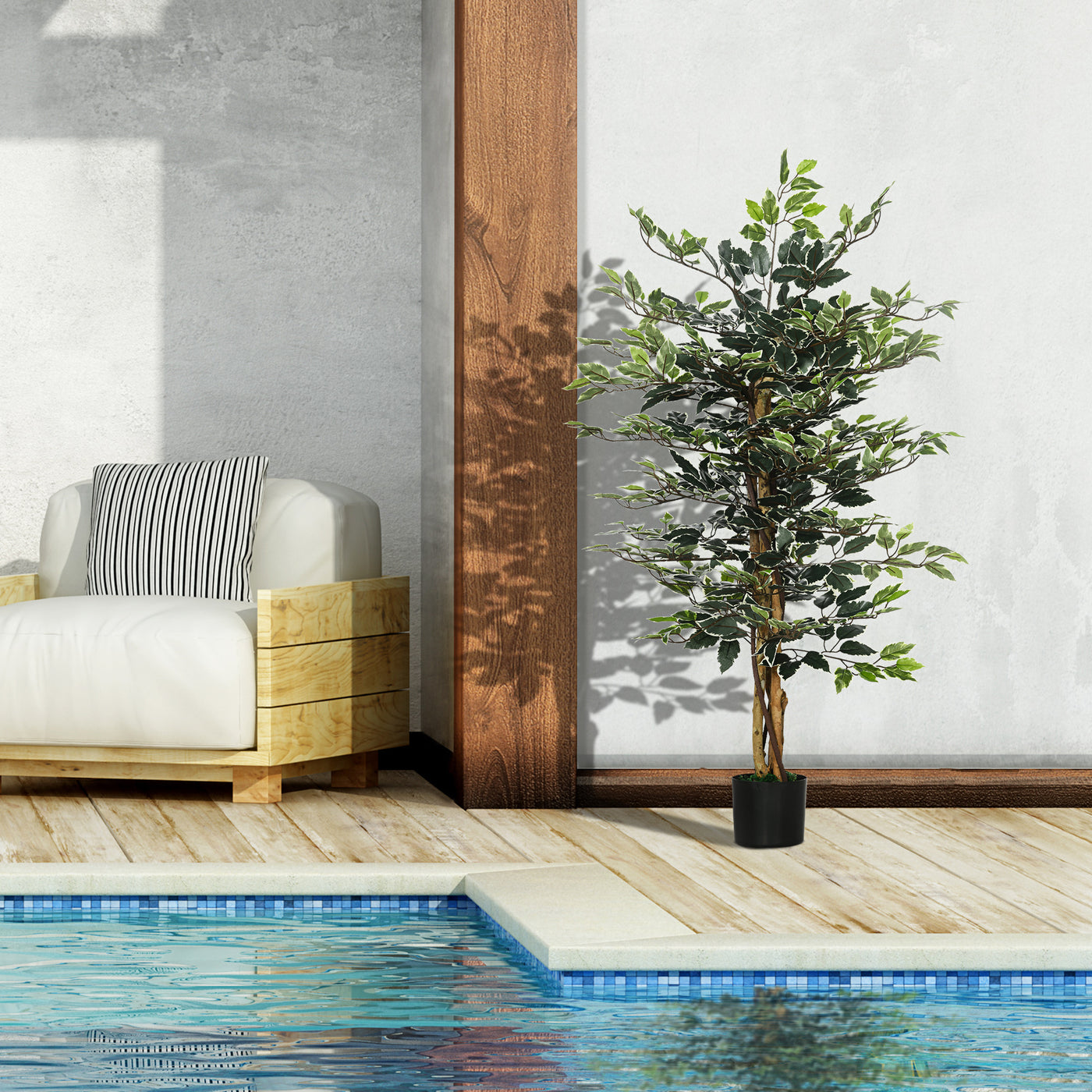 4.3FT Artificial Ficus Tree, Fake Tree with Leaves, Faux Plant in Nursery Pot for Indoor Decoration