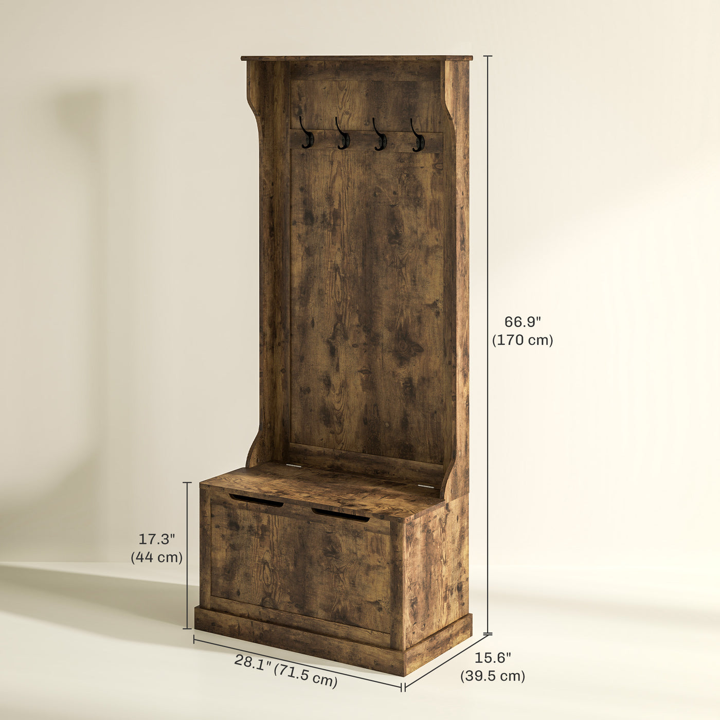 4-In-1 Hall Tree with Coat Rack, Top Shelf, Shoe Storage and Bench Seat, Entryway Bench with 4 Hooks, Rustic Brown