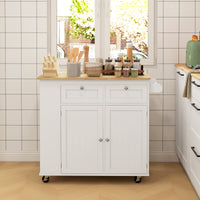 Kitchen Island with Power Outlet and Drop Leaf, Rolling Kitchen Cart with 2 Drawers and Adjustable Shelves, White