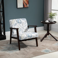 Mid-Century Modern Accent Chair Retro Fabric Armchair Wooden Arm Upholstered Lounge Chair for Living Room Floral